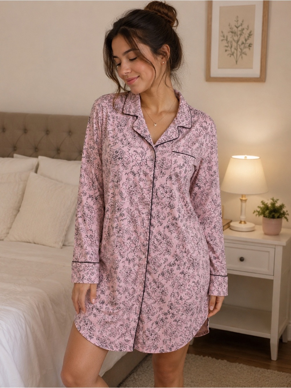 Thalia Sodi Pink Floral Button-Front Sleep Shirt with Contrast Piping